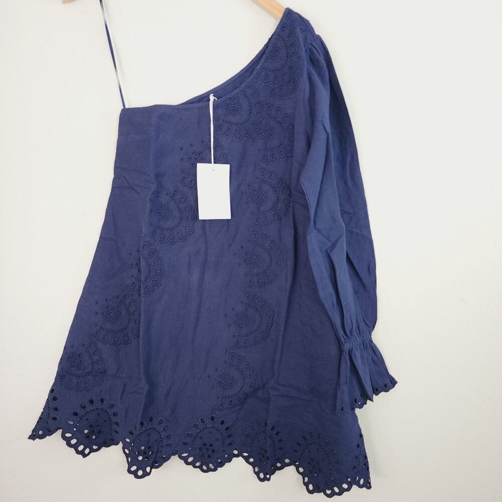 Hill House Mila One Shoulder Long Sleeve Eyelet Mini Dress Navy NWT S